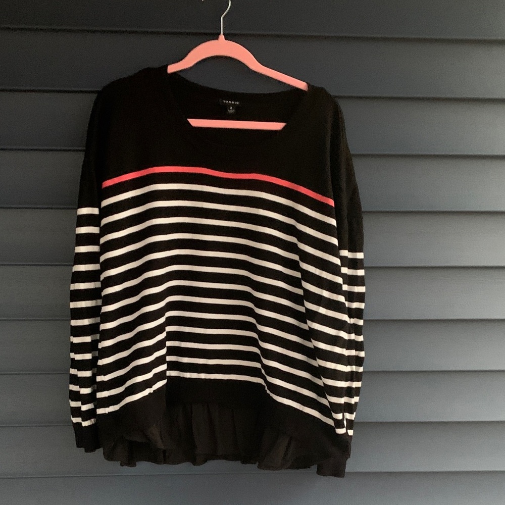 Torrid Black and White Striped Sweater with Pink Accent